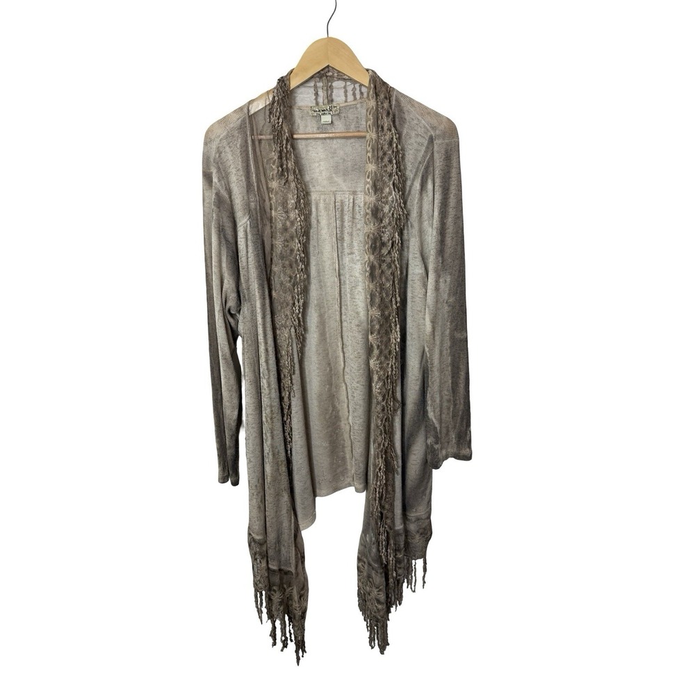One World sz 3X plus waterfall cardigan lace fringe embroidered womens